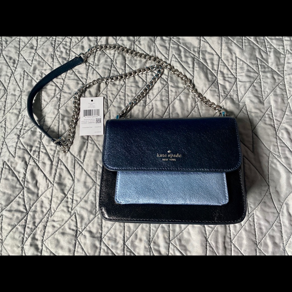 ♠️ Kate Spade Remi Tricolor Colorblock Flap Chain Crossbody Bag, Metallic Blue
